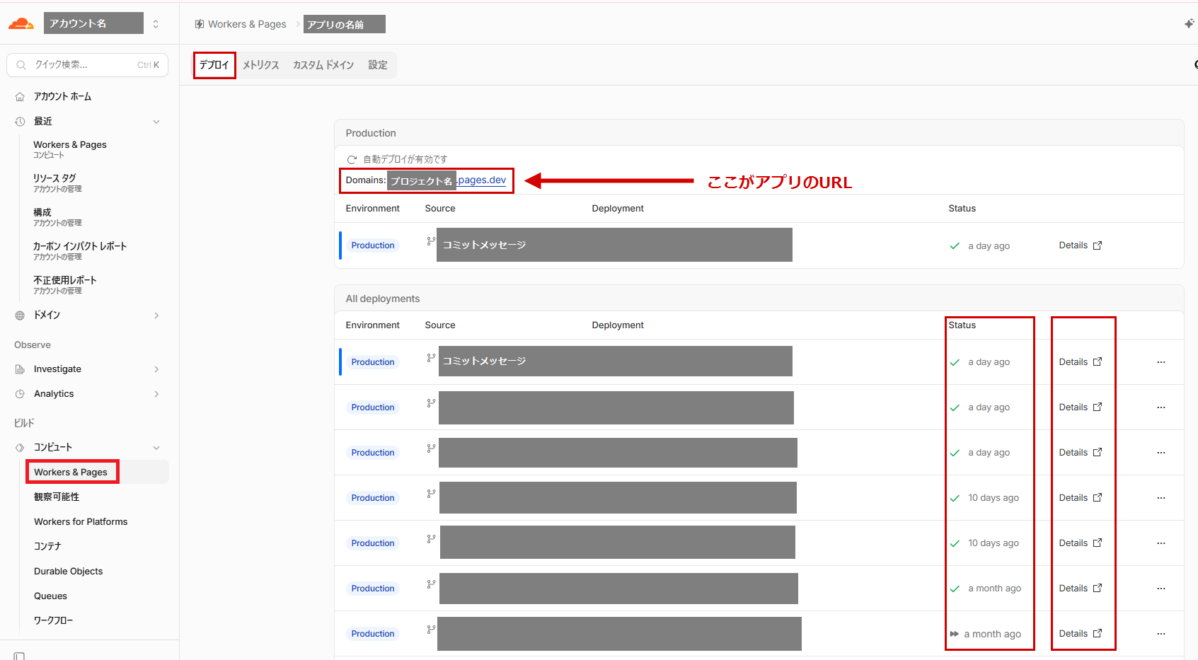 Cloudflareのプロジェクトの「デプロイ」タブ。「Domains:」の行にある〇〇.pages.devのURLを赤い矢印で示し、「デプロイ」タブとAll deploymentsのStatus・Detailsの列を赤枠で表示