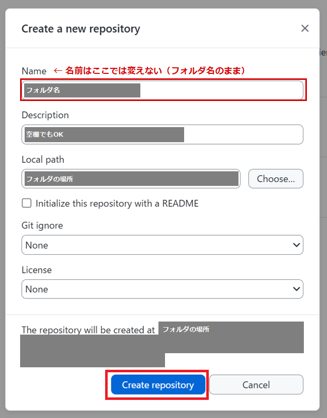 GitHub Desktopの「Create a new repository」の画面。Nameの欄に「名前はここでは変えない（フォルダ名のまま）」と赤字で表示し、Nameの欄と「Create repository」ボタンを赤枠で表示