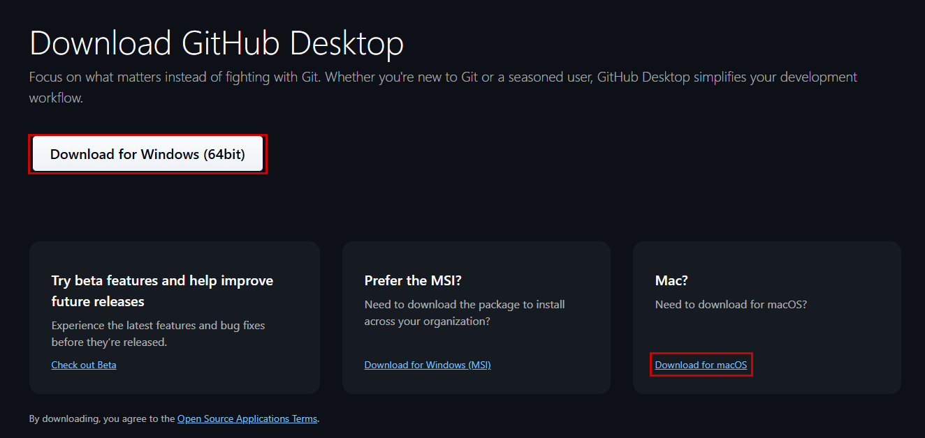 GitHub Desktopのダウンロード画面。大きい「Download for Windows (64bit)」ボタンと、右下の「Mac?」の中にある「Download for macOS」リンクを赤枠で表示