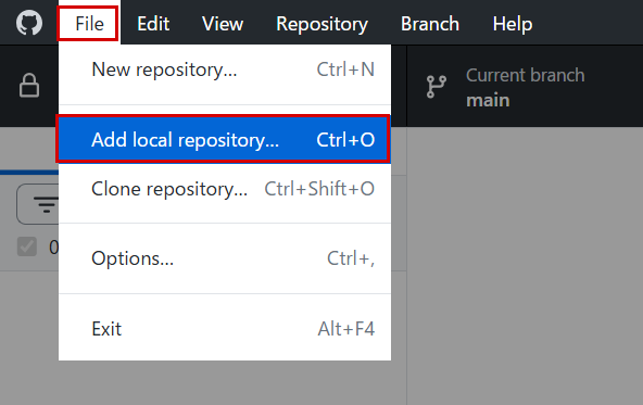 GitHub Desktopの「File」メニュー。「Add local repository...」を赤枠で表示