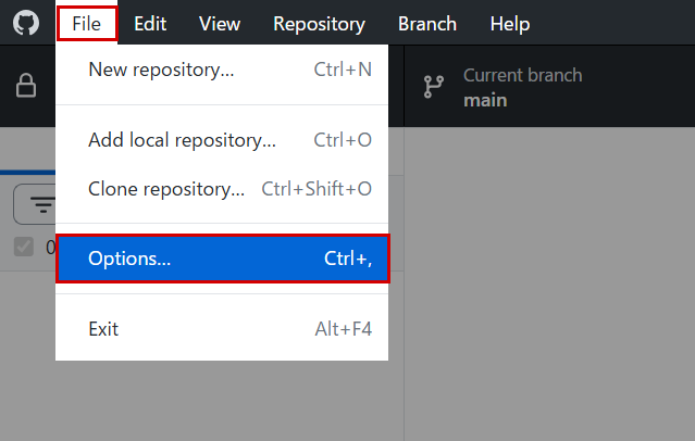 GitHub Desktopの「File」メニューを開いた画面。「File」と「Options...」を赤枠で表示