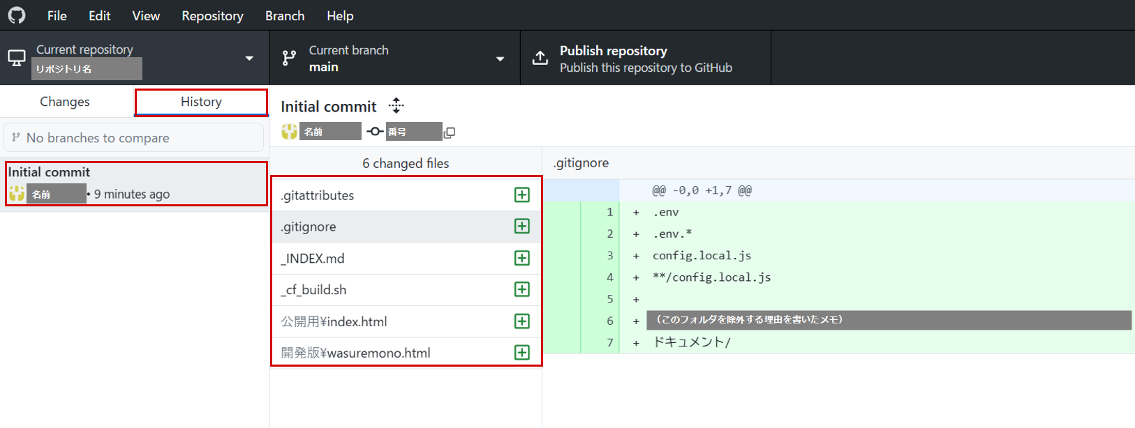 GitHub Desktopの「History」タブ。Historyタブ、Initial commitの記録、コミットされたファイルの一覧を赤枠で表示