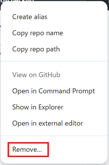 GitHub Desktopでリポジトリを右クリックしたメニュー。「Remove...」を赤枠で表示