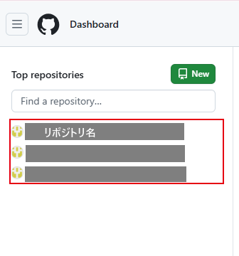 GitHubのトップ画面。自分のリポジトリが一覧で並んでいるところ